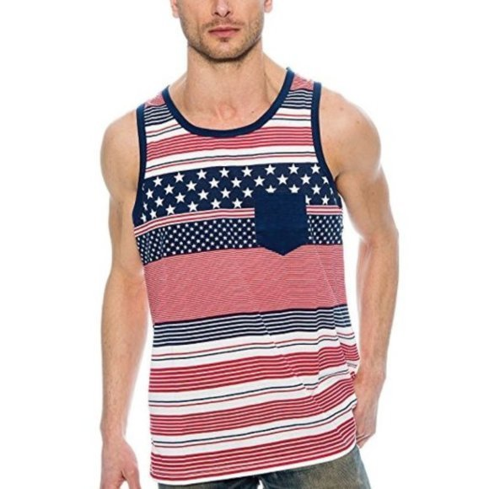 Men's True Rock American Flag Stripes & Stars Front Pocket Tank‎ Top